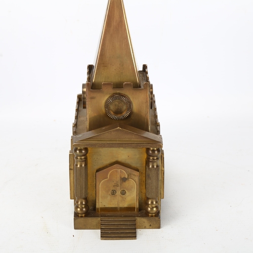 213 - A heavy gauge brass musical box in the form of a church, possibly trench art, height 20cm