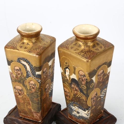 216 - 2 pairs of Japanese Satsuma porcelain square section vases, with painted and gilded figures, largest... 