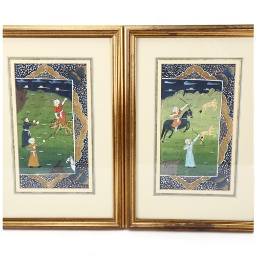 219 - Pair of Mughal hunting scenes, watercolour on paper, probably mid-20th century, image 24cm x 13cm, f... 