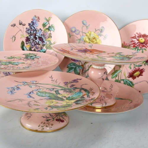 220 - 19th century porcelain dessert service, hand coloured transfer garden flowers, comprising 3 tazza an... 