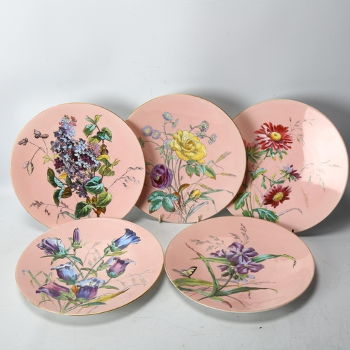 220 - 19th century porcelain dessert service, hand coloured transfer garden flowers, comprising 3 tazza an... 