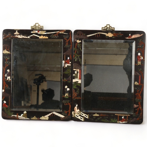 222 - Pair of Chinese lacquer framed wall mirrors, with applied carved hardstone and bone decoration, 46cm... 