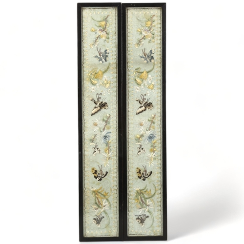 223 - Pair of Chinese silk embroidered panels depicting butterflies, overall frame dimensions 52.5cm x 10c... 