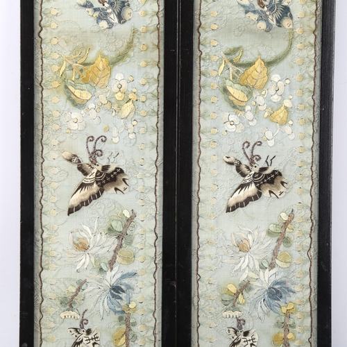 223 - Pair of Chinese silk embroidered panels depicting butterflies, overall frame dimensions 52.5cm x 10c... 