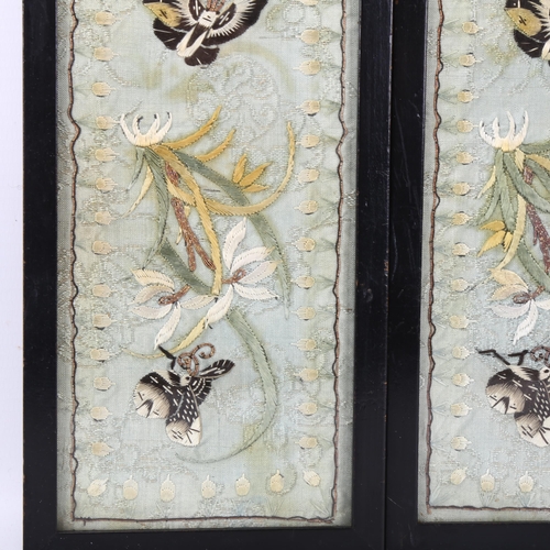 223 - Pair of Chinese silk embroidered panels depicting butterflies, overall frame dimensions 52.5cm x 10c... 