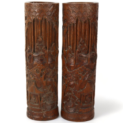 227 - A pair or large late 19th/early 20th century Chinese relief carved bamboo brush pots, height 37cm