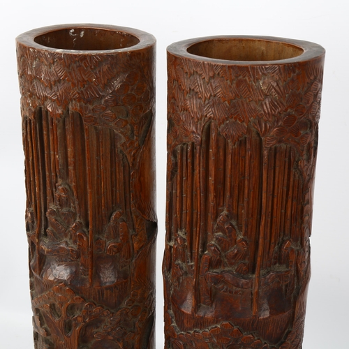 227 - A pair or large late 19th/early 20th century Chinese relief carved bamboo brush pots, height 37cm