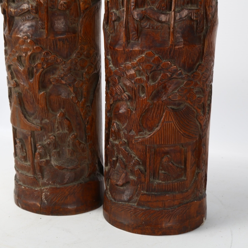 227 - A pair or large late 19th/early 20th century Chinese relief carved bamboo brush pots, height 37cm