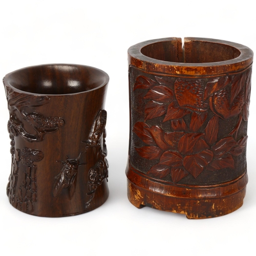 228 - A Chinese hardwood brush pot with bee and blossom carving, together with a bamboo carved brush pot A... 