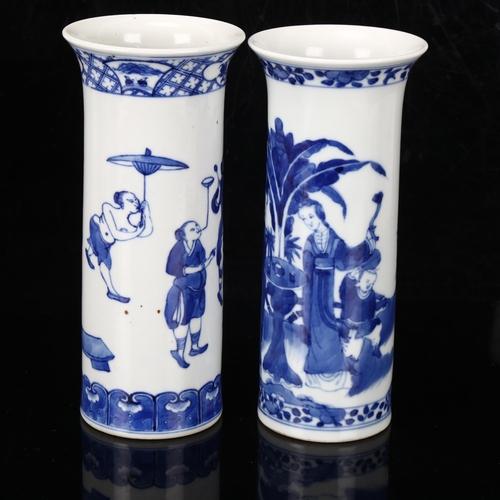 239 - 2 similar Chinese blue and white porcelain cylinder vases, 4 character marks, height 19.5cm