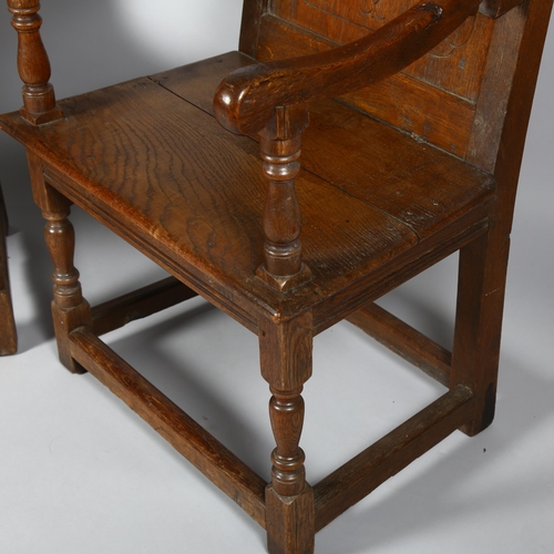 244 - A Pair of 18th/19th century oak armchairs, with carved back panel and turned front legs, height 103c... 