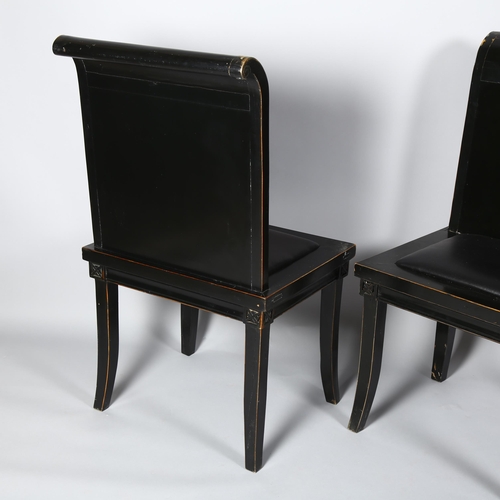 245 - A pair of 20th century Chinese hardwood black lacquer chairs, insert brass plates in back with engra... 