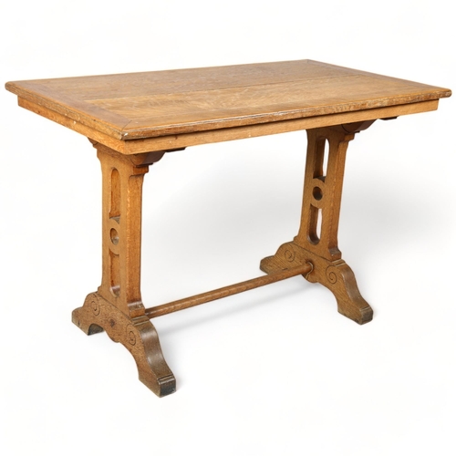 246 - A Victorian light oak Arts and Crafts tressle table, height 73cm, top 110 x 60cm