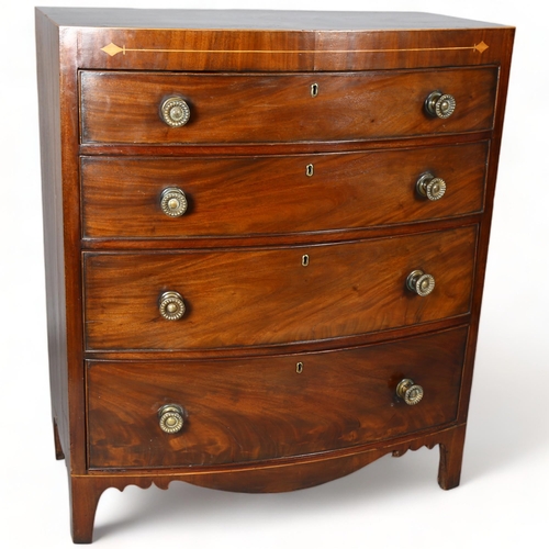 253 - Regency mahogany bow-front chest of 4 long graduated drawers, with brass handles, width 93.5cm, dept... 