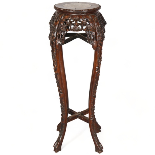 262 - A tall Chinese antique marble topped padouk jardiniere stand, with blossom carved decoration, height... 