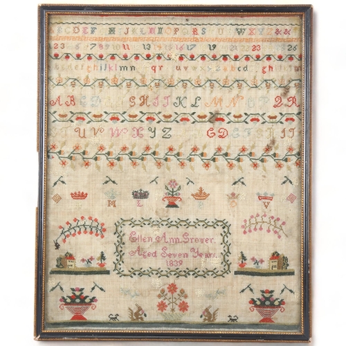 284 - An early Victorian needlework sampler, by Ellen Ann Grover, aged 7 years, 1839, 40cm x 32cm, framed.