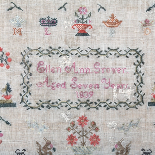 284 - An early Victorian needlework sampler, by Ellen Ann Grover, aged 7 years, 1839, 40cm x 32cm, framed.