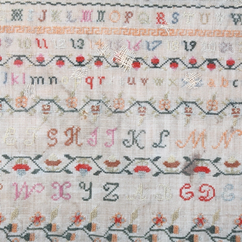 284 - An early Victorian needlework sampler, by Ellen Ann Grover, aged 7 years, 1839, 40cm x 32cm, framed.