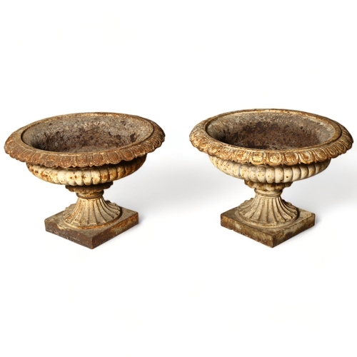 285 - A pair of Victorian cast iron Campana garden urns, height 37cm, diameter 54cm