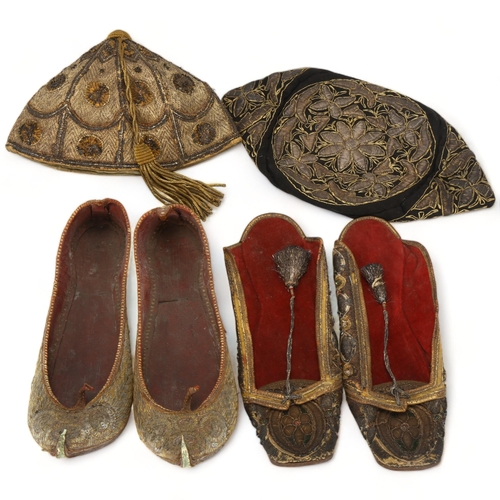 66 - 2 mid 19th century Indian Jutti or slippers, both with gilt and silver thread embroidery, from estat... 