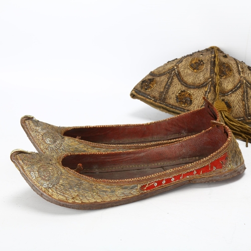 66 - 2 mid 19th century Indian Jutti or slippers, both with gilt and silver thread embroidery, from estat... 