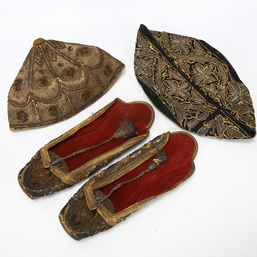 66 - 2 mid 19th century Indian Jutti or slippers, both with gilt and silver thread embroidery, from estat... 