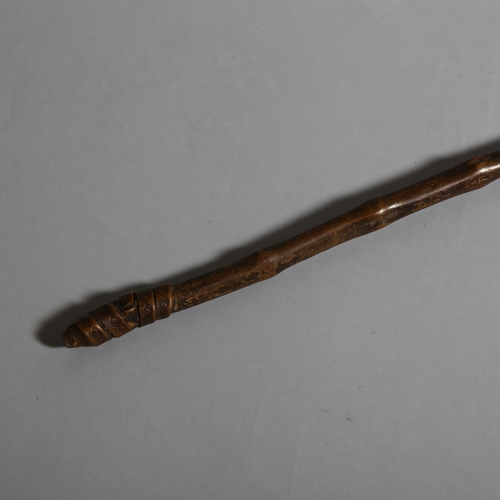 78 - An antique Ethiopian Pilgrim walking staff, with several engraved copper bindings, length 140cm