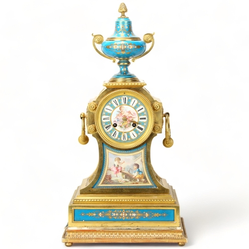 FRENCH ROYAL INTEREST - ex-property of Empress Eugenie de Montijo, wife of Napoleon III, exceptionally fine 19th century gilt-bronze cased mantel clock, with inset hand painted and gilded Sevres porcelain panels, surmounted by a porcelain and gilt-bronze 2-handled urn, 8-day movement striking on a bell, on giltwood plinth, overall height 52cm