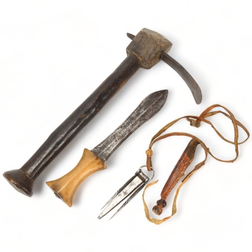 95 - Three African handmade tools, a carving adze, a steel tool in leather sheath and a Congo Knife, long... 