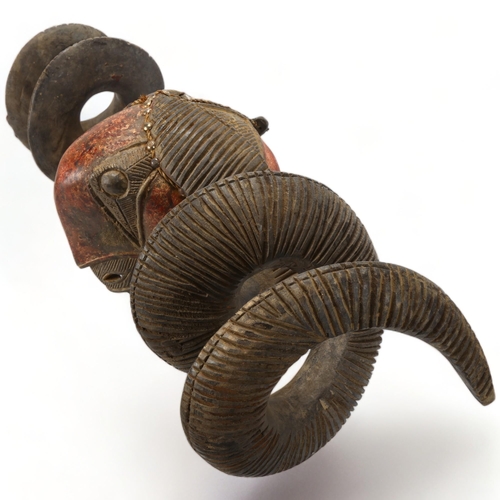 78D - A Baule, Ivory Coast, a large carved wood and painted ram's head mask, length 76cm