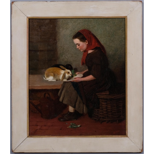 501 - G Barns (flourished 1872 - 1874), girl with 2 pet rabbits, oil on canvas, signed, 30cm x 24cm, frame... 