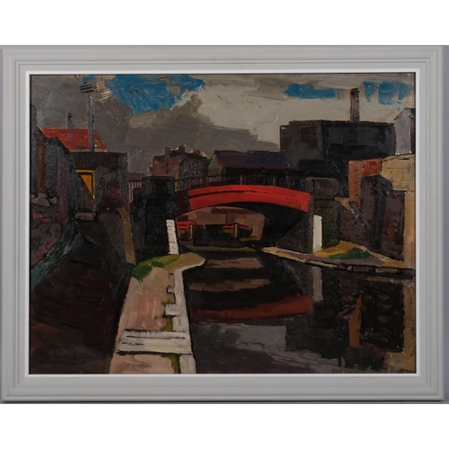 517 - William Warden RBA (1908 - 1982), Leeds canal scene, oil on board, signed, 71cm x 92cm, framed, prov... 