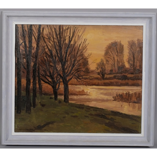 523 - William Warden RBA (1908 - 1982), autumnal lake scene, oilon canvas, signed and dated 1955, 56cm x 6... 