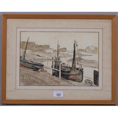 532 - William Warden RBA (1908 - 1982), boats at The Salts Rye, watercolour, signed, 20cm x 30cm, framed, ... 