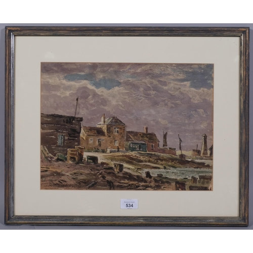 534 - William Warden RBA (1908 - 1982), cottages at Dungeness, watercolour, 27cm x 37cm, framed, provenanc... 