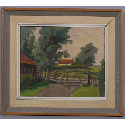 541 - William Warden RBA (1908 - 1982), the old gate, oil on board, artist's label verso, 25cm x 32cm, fra... 