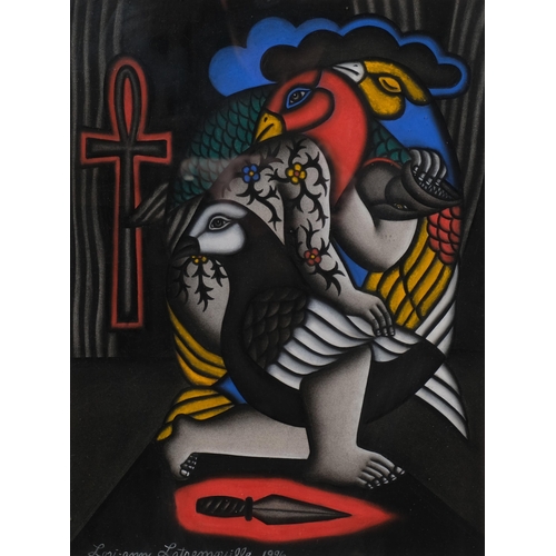 562 - Lori-Ann Latremouille, surrealist composition, Eternal Hunter, signed and dated 1996, Exhibition pap... 