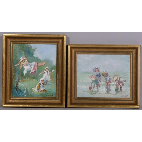 564 - Margaret Palmer, pair of oils on board, children at the beach, and playing on a swing, signed, 25cm ... 