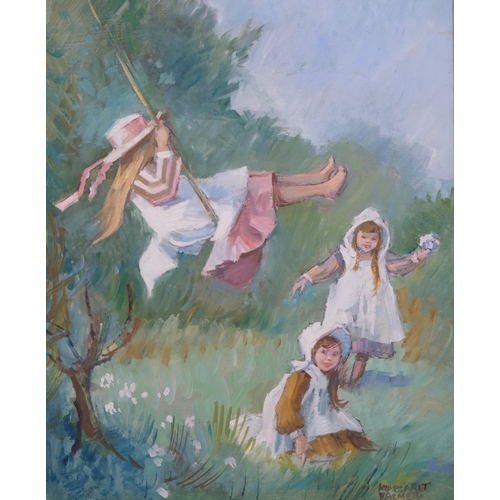 564 - Margaret Palmer, pair of oils on board, children at the beach, and playing on a swing, signed, 25cm ... 