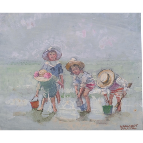 564 - Margaret Palmer, pair of oils on board, children at the beach, and playing on a swing, signed, 25cm ... 