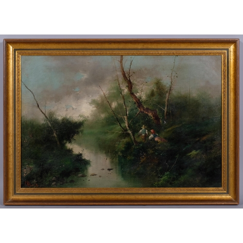 569 - V Alleccy, anglers on a riverbank, oil on canvas, signed, circa 1900, 50cm x 76cm, framed