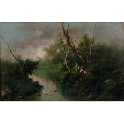 569 - V Alleccy, anglers on a riverbank, oil on canvas, signed, circa 1900, 50cm x 76cm, framed