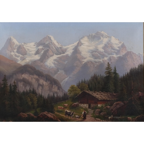 570 - R Muller, Alpine mountain landscape, late 19th century oil on canvas, signed, 53cm x 75cm, framed