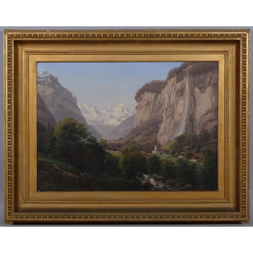 571 - R Muller, Alpine mountain landscape, late 19th century oil on canvas, signed, 53cm x 75cm, framed