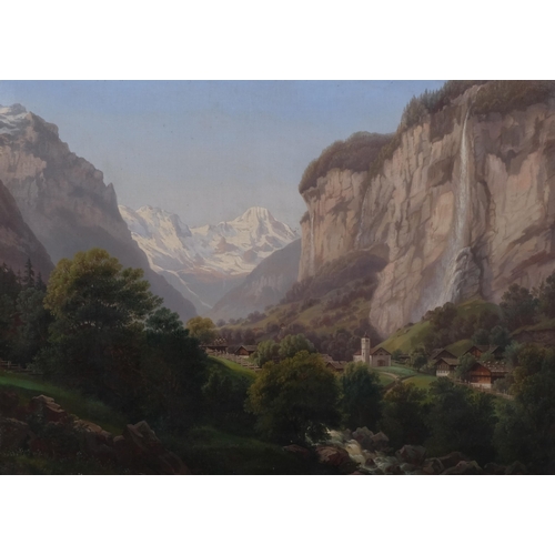 571 - R Muller, Alpine mountain landscape, late 19th century oil on canvas, signed, 53cm x 75cm, framed