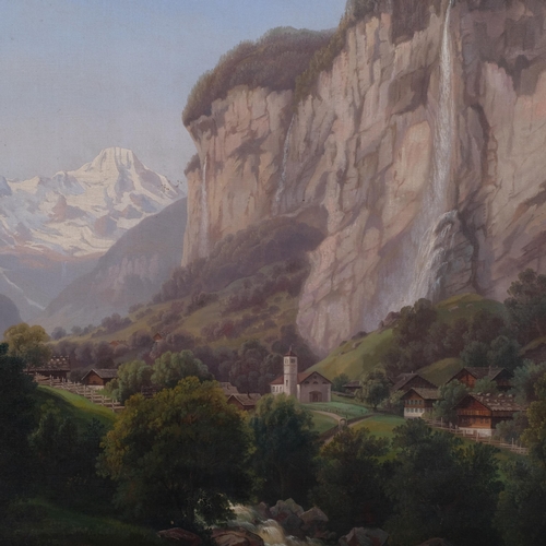 571 - R Muller, Alpine mountain landscape, late 19th century oil on canvas, signed, 53cm x 75cm, framed