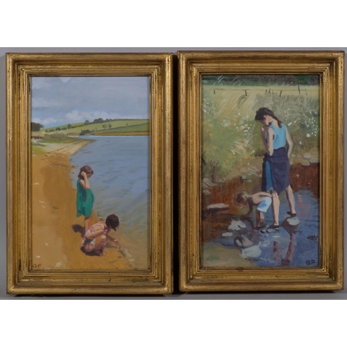 577 - Gillian Furlong, figures on a riverbank, pair of oils on board, signed with monogram, artist's label... 