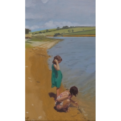 577 - Gillian Furlong, figures on a riverbank, pair of oils on board, signed with monogram, artist's label... 