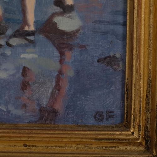 577 - Gillian Furlong, figures on a riverbank, pair of oils on board, signed with monogram, artist's label... 