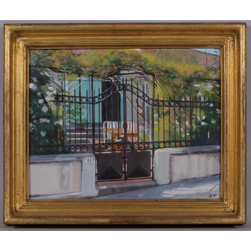 578 - Gillian Furlong, Continental villa, oil on board, signed with monogram, 19cm x 24cm, framed